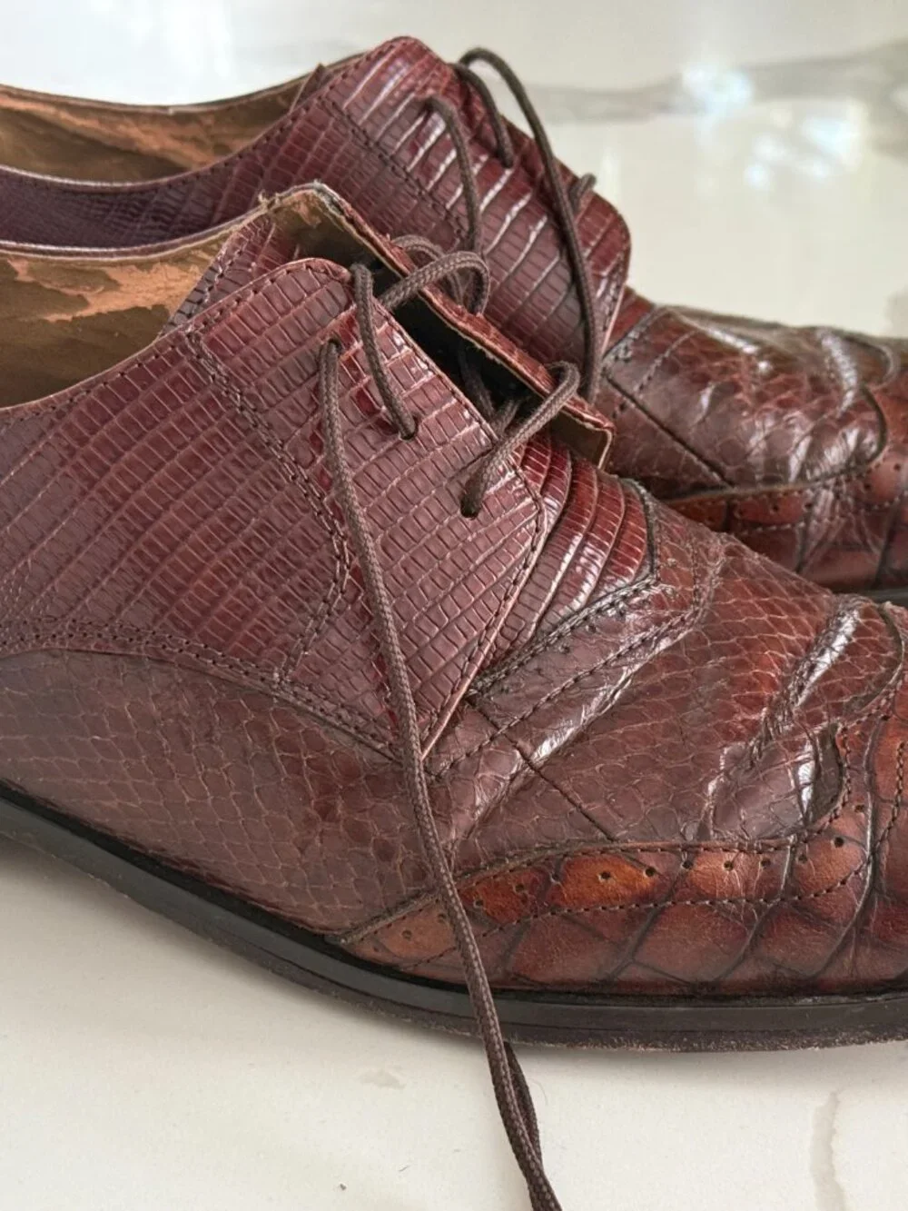Vintage Stacy Adams Genuine Snakeskin Leather Oxford Shoes Brown Wingtip 10.5 M